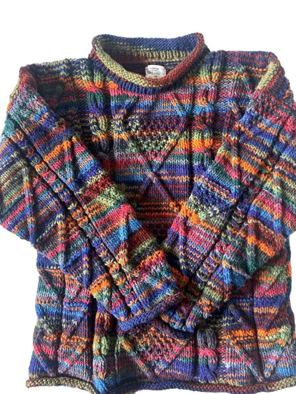 Hidalgo Ecuador 100% Wool Multicolor Chunky Hand Knit Pullover Sweater-L